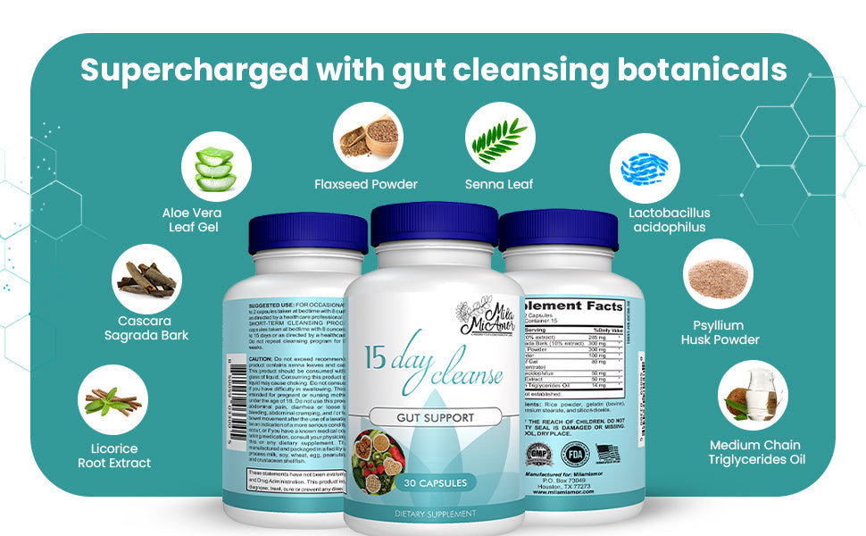 Milamiamor 15 Day Cleanse - Gut and Colon Support - Advanced Gut Cleanse Detox for Women & Men with Senna, Cascara Sagrada & Psyllium Husk - Non-GMO - Made in USA - 30 Capsules 24Hr Smart